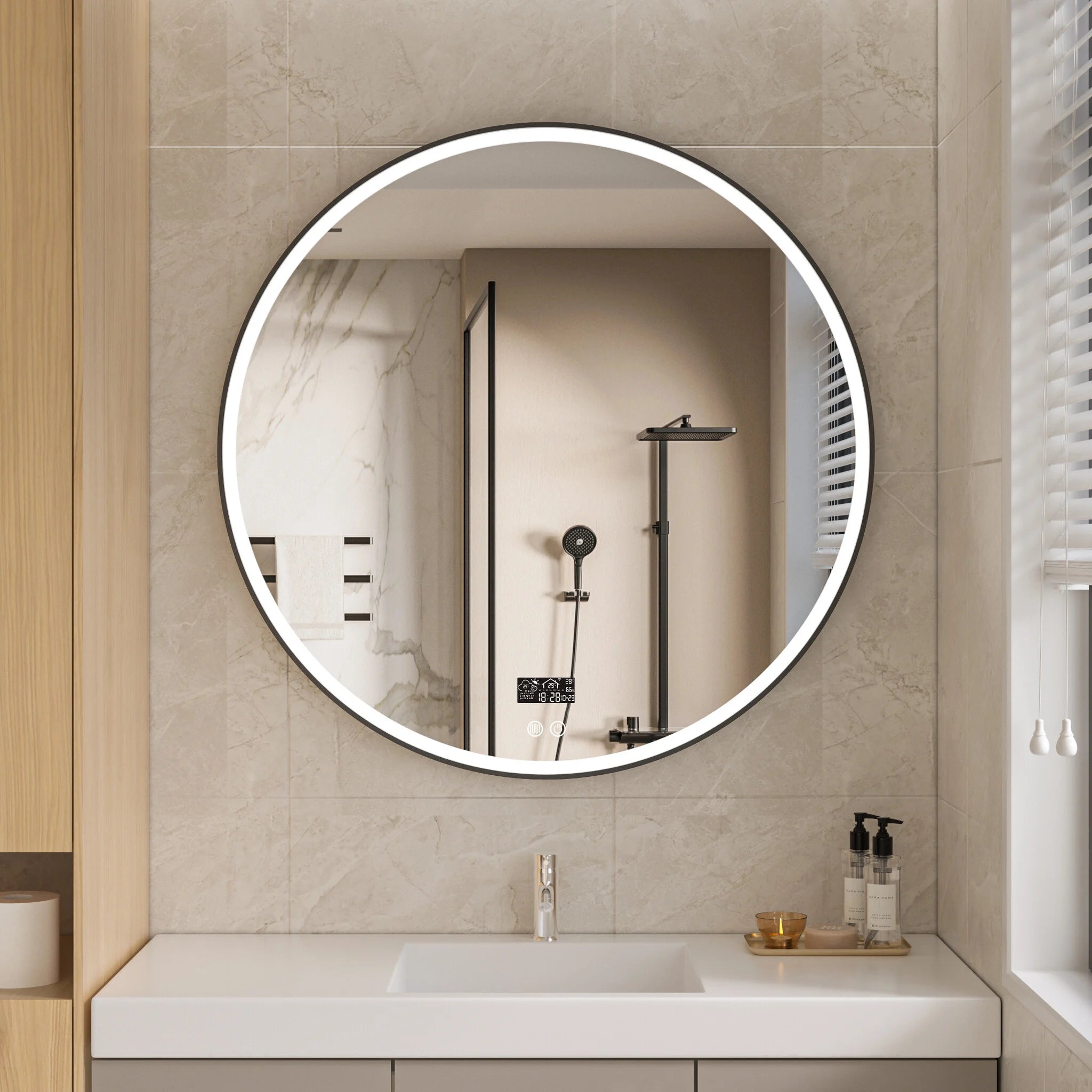 Miroir Intelligent Rond 100 cm Cadre Noir avec Éclairage LED, Anti-Condensation &amp; Wifi