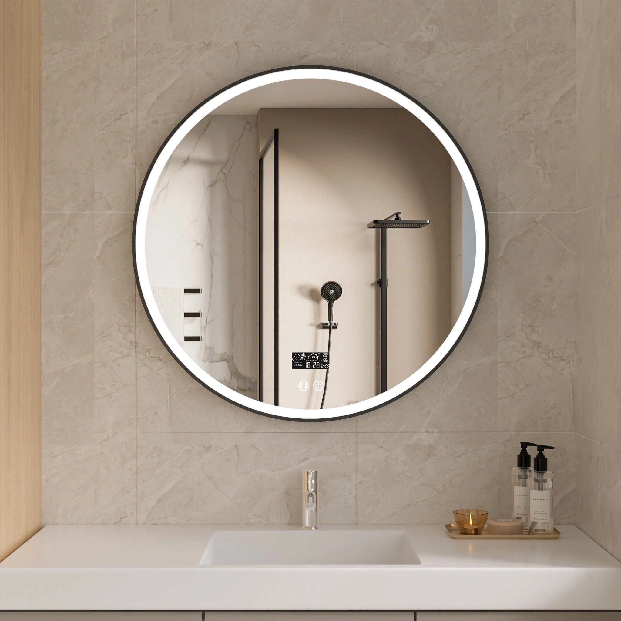 Miroir intelligent 80cm rond avec cadre noir, éclairage LED, anti-condensation et WiFi