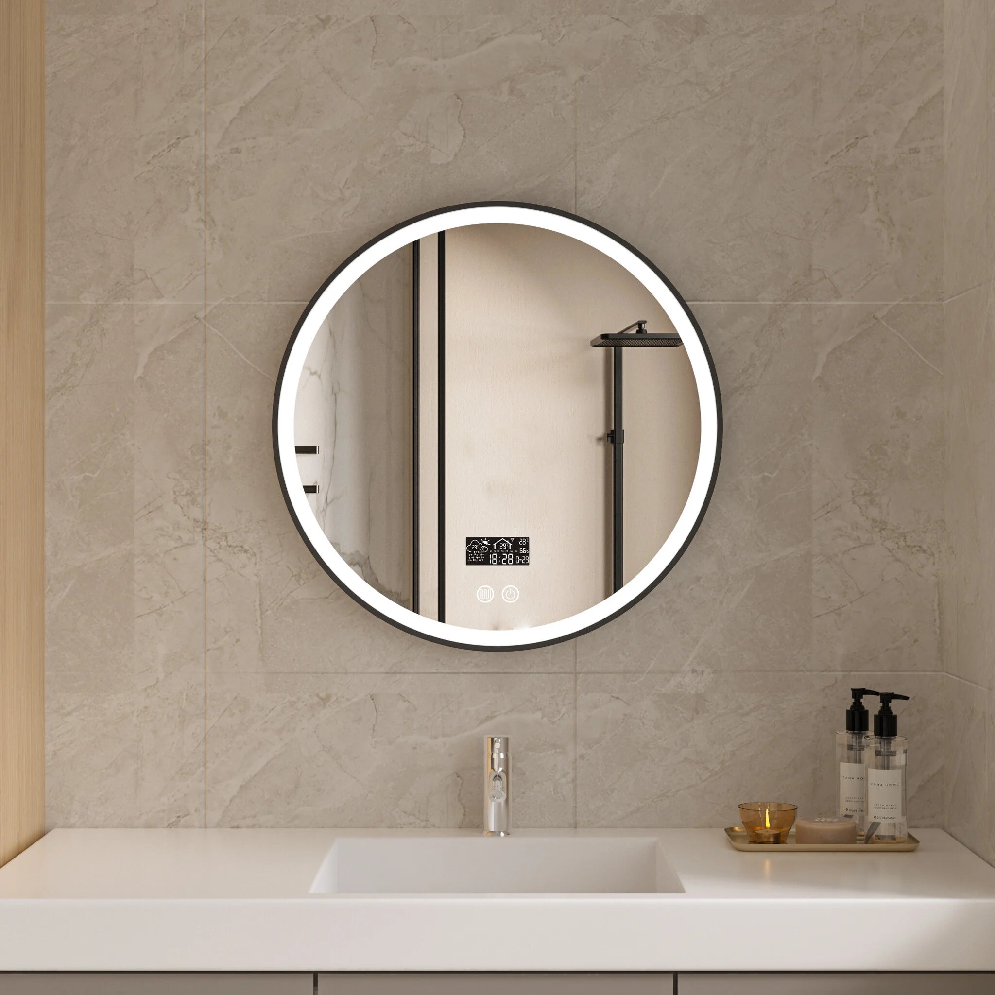 Smart mirror 80cm round with black frame, LED lighting, anti-condensation and WiFi