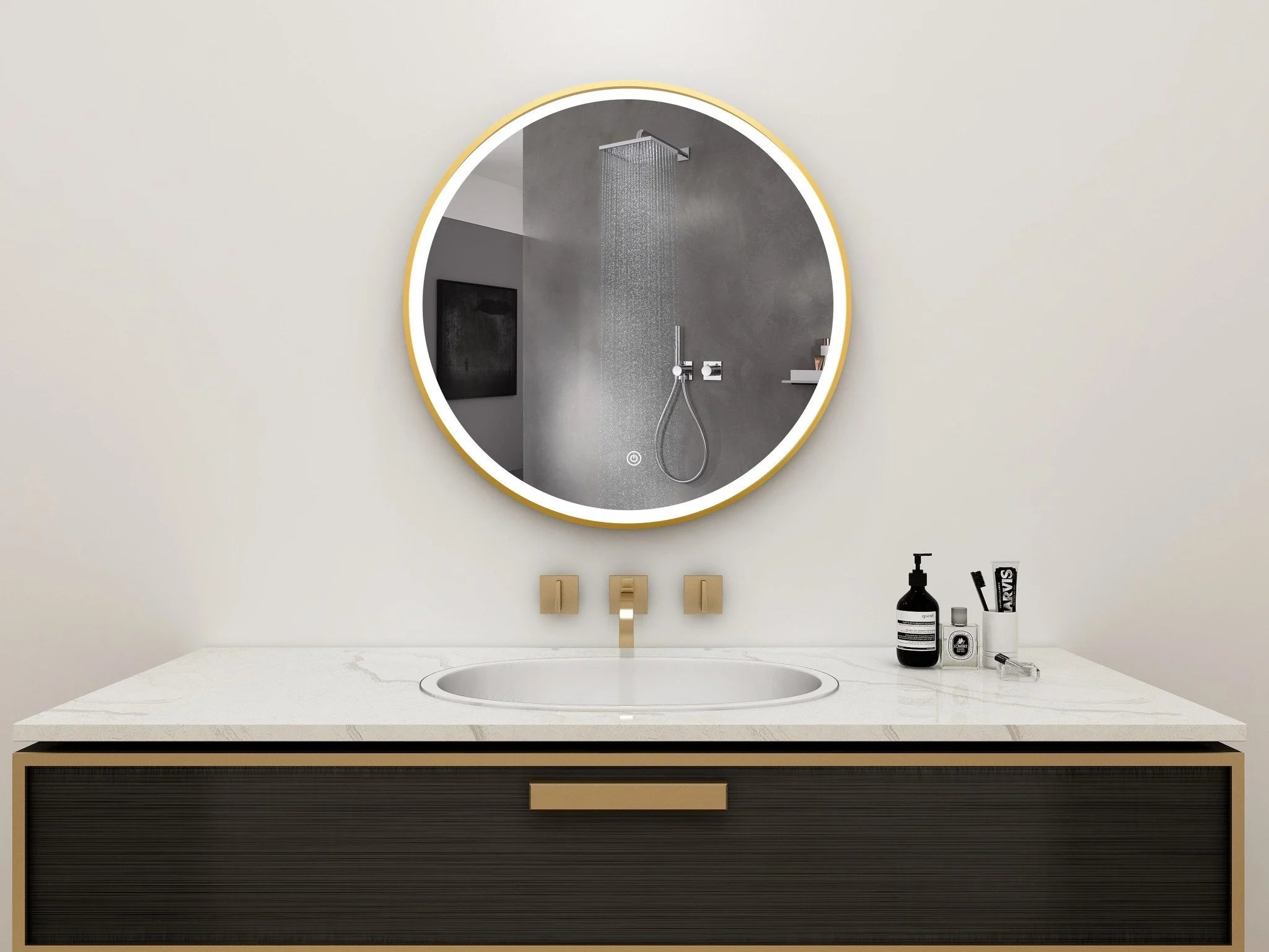 Miroir rond 80 cm avec cadre doré, éclairage LED et fonction anti-condensation