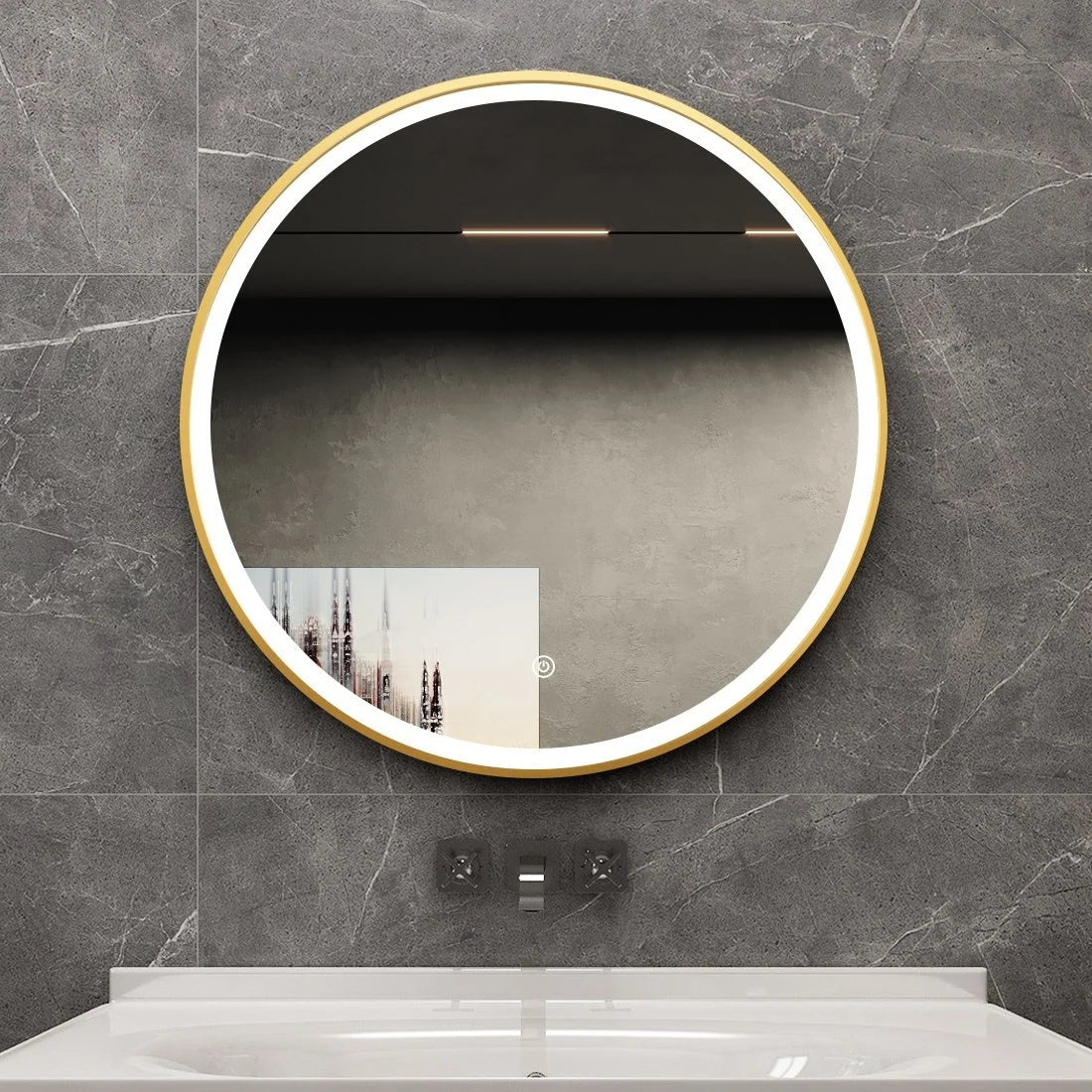 Miroir rond 80 cm avec cadre doré, éclairage LED et fonction anti-condensation