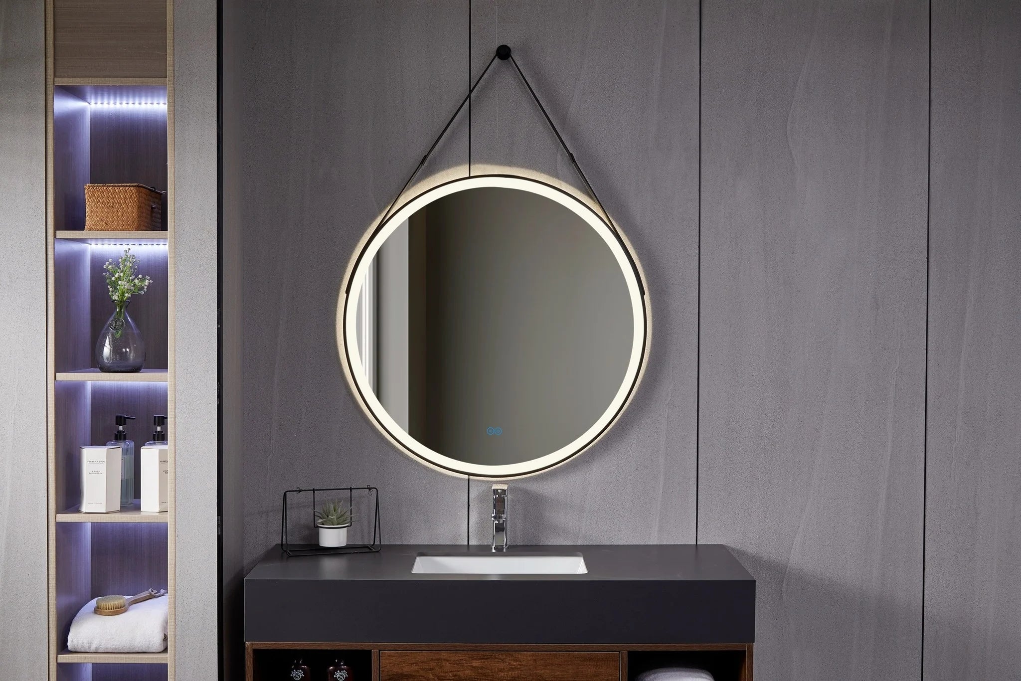 Round Mirror 80 cm with Stylish Black Belt, Built-in LED Lighting and Anti-condensation Function