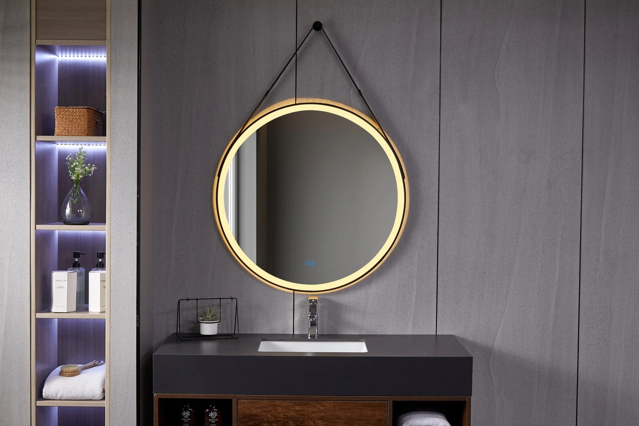 Round Mirror 80 cm with Stylish Black Belt, Built-in LED Lighting and Anti-condensation Function